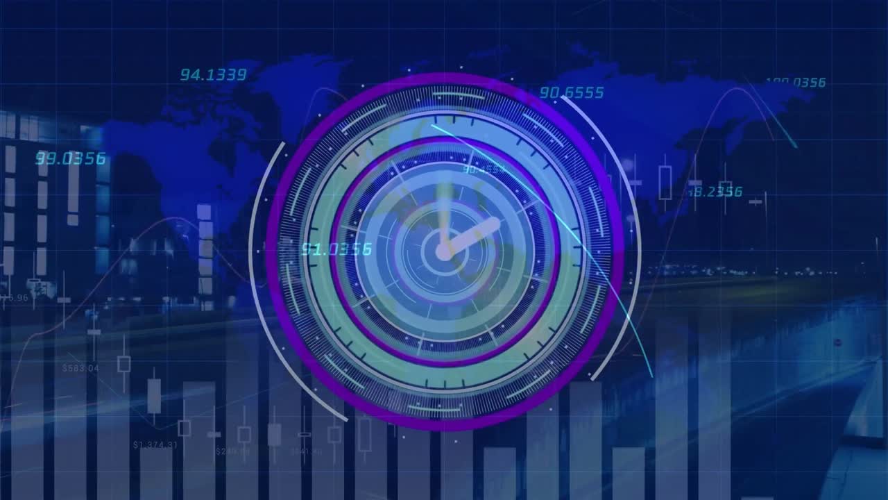 Animation of data processing with world map and clock over cityscape
