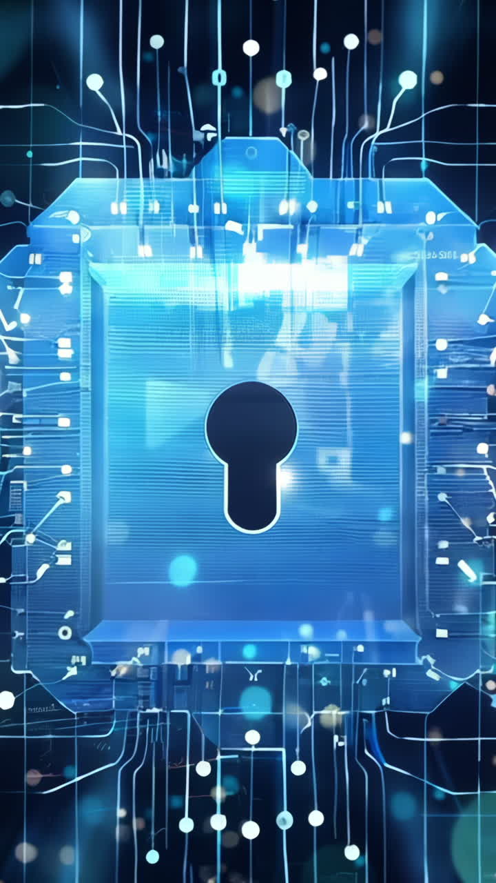 A blue box with a keyhole on it. The box is surrounded by a blue background with a lot of dots