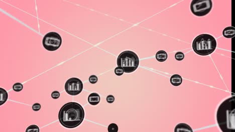 Animation-of-network-of-digital-icons-against-pink-gradient-background