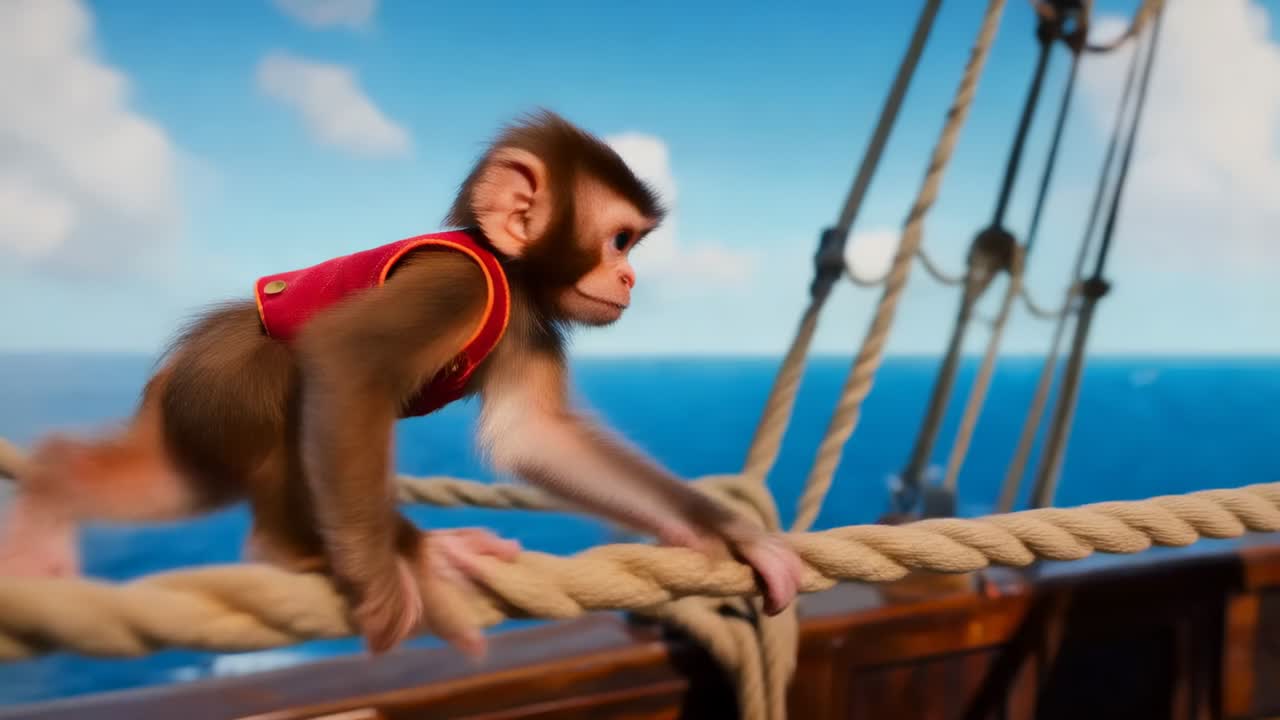 Ein laufender Affe mit roter Weste klettert an Knoten und Seilen vorbei zur Rahnocke auf einem Segelschiff