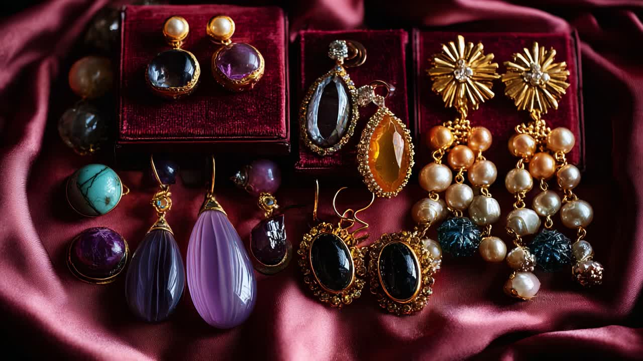 A Stunning Display of Luxurious Jewelry Featuring an Array of Intricate Earrings and Vibrant Gemstones Lavished on Rich Velvet Backgrounds, Perfect for Accessorizing Any Outfit