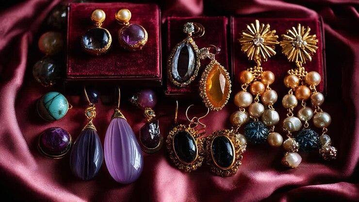 Una straordinaria esposizione di gioielli di lusso con un assortimento di orecchini intricati e vivaci pietre preziose adagiate su ricchi sfondi di velluto, perfetti per completare qualsiasi outfit