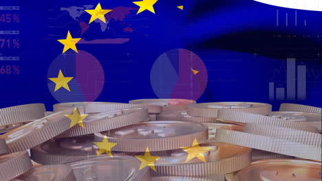 animation of financial data processing and flag of european union over coins