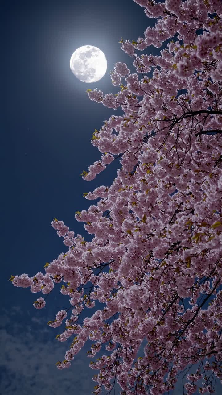 A serene video scene with a low-angle view of cherry blossoms against a full moon in a clear night