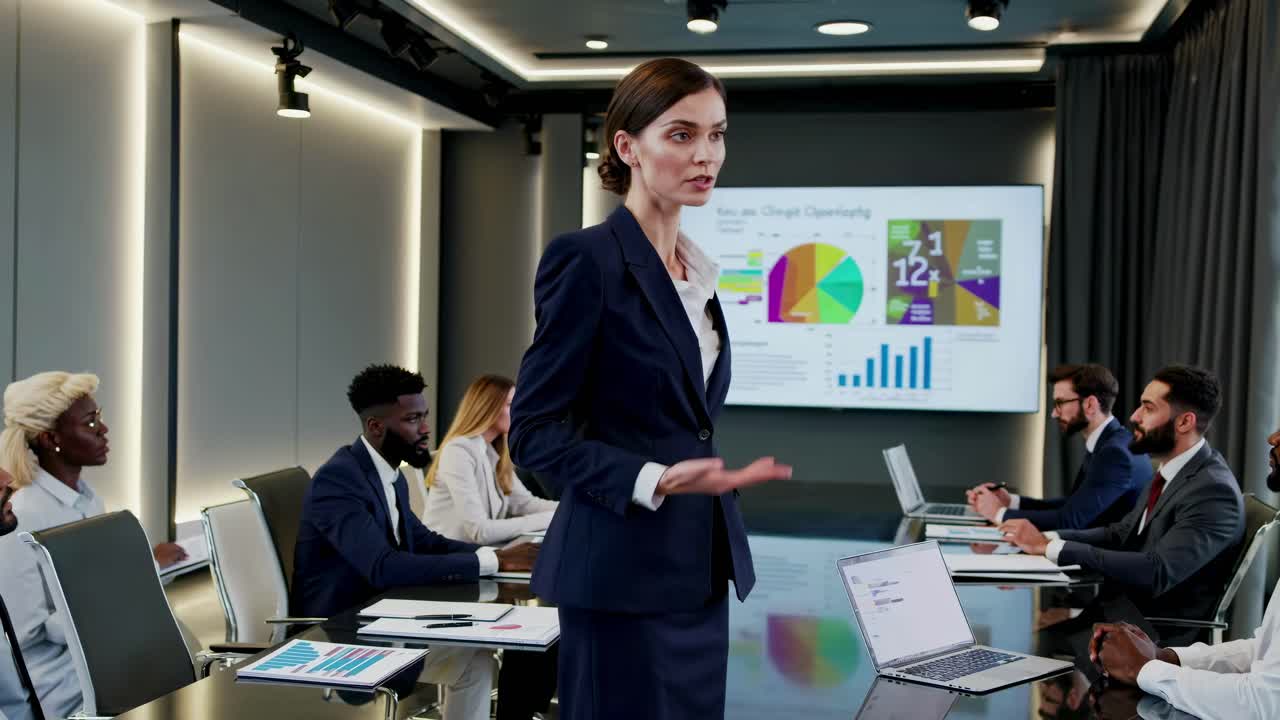 Professional meeting scene with a mid-shot angle, featuring a businesswoman presenting data