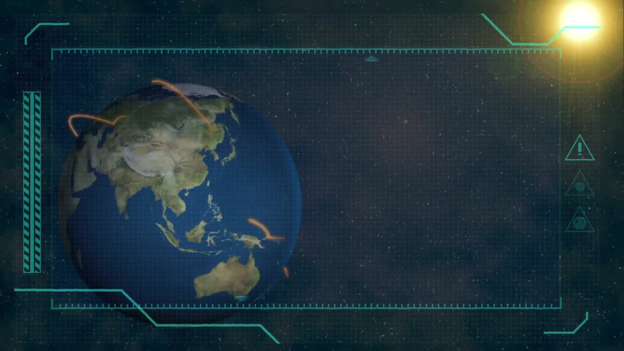 검은 바탕에 지구와 태양 위의 디지털 화면의 애니메이션