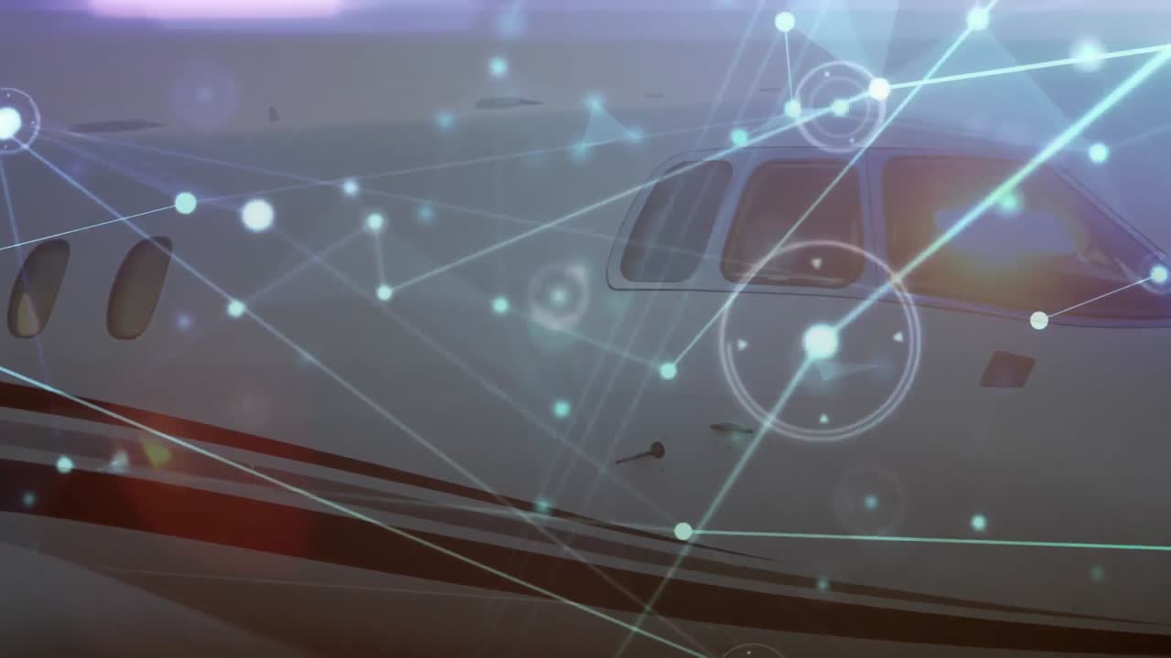 animación de redes de conexiones sobre avión en el aeropuerto