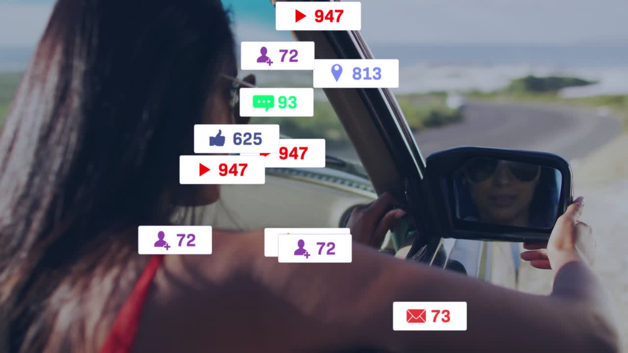 Driving convertible, woman with animation of social media notifications in scene