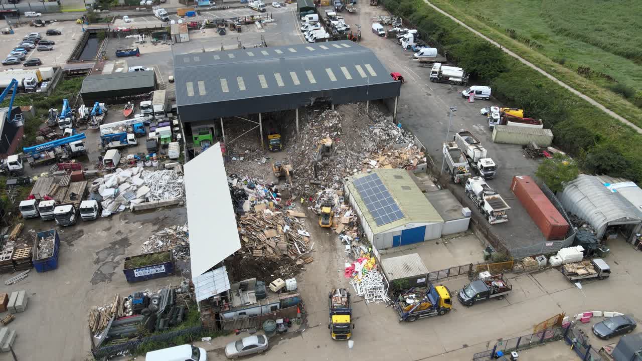 Car breaker yard recycling plant Erith Kent UK Aerial footage