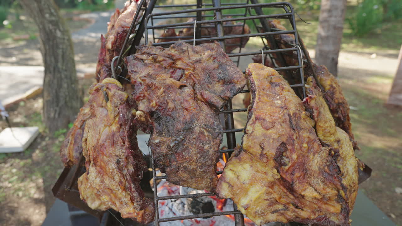 Orbiting camera circles a vertical iron rack filled with grilled beef cuts slowly roasting over embers, capturing the textures and golden crust in a traditional Argentine asado under open trees