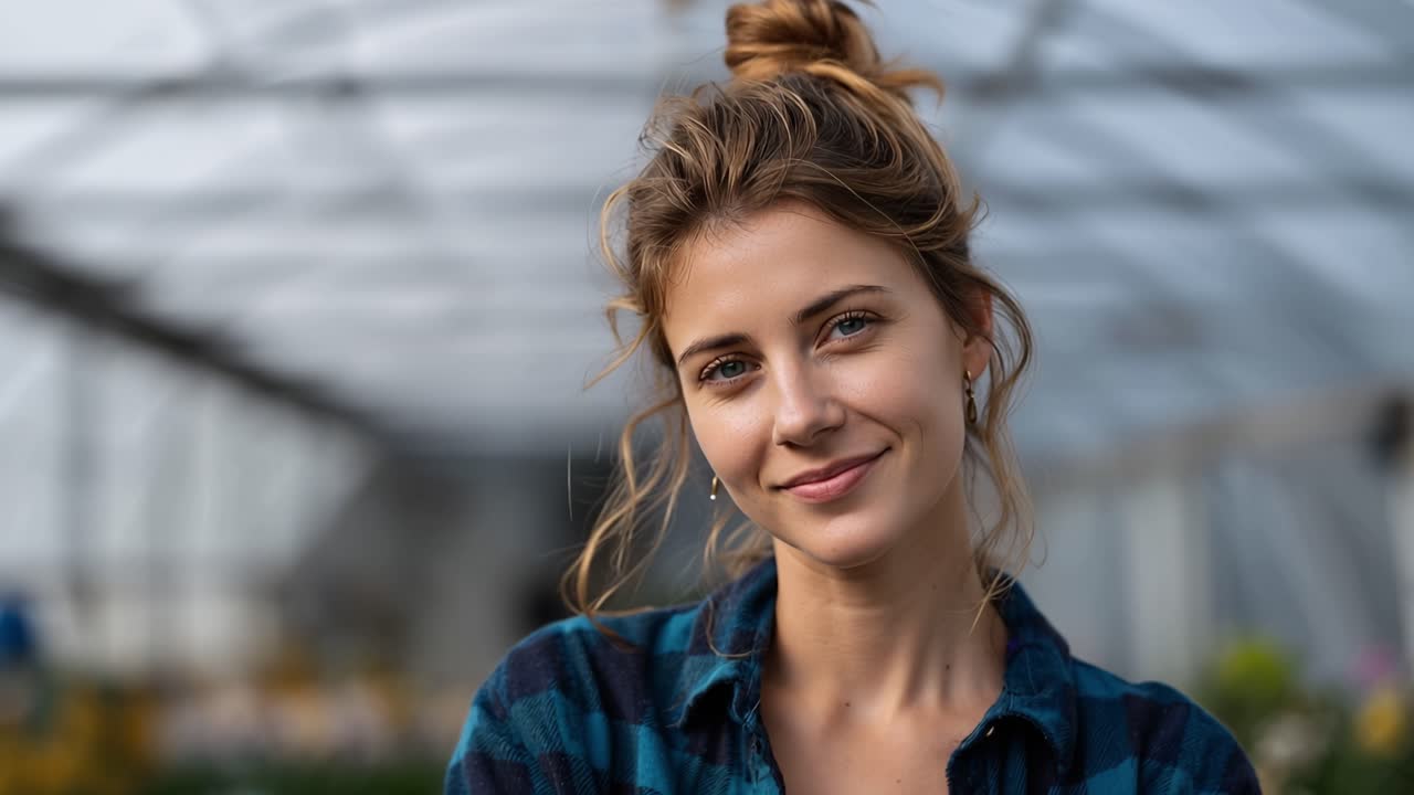 Portræt af en Ung Kvinde Smilende i et Drivhus