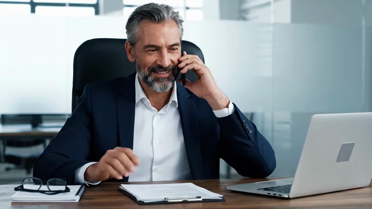 Zralý podnikatel projednávající smlouvu na chytrém telefonu.