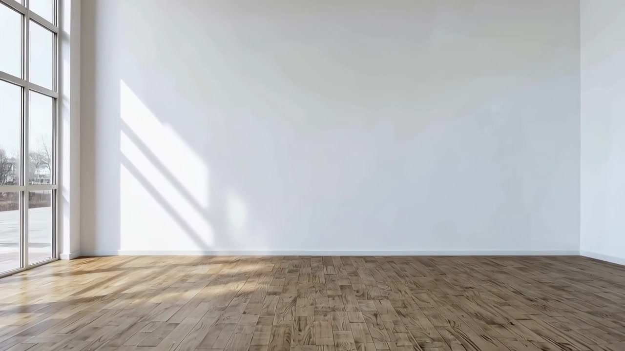 Empty Modern Room with Large Windows and Wooden Floor