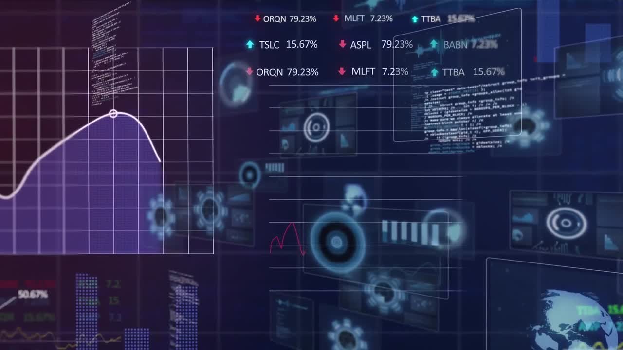 Animation of round scanners, statistical and stock market data processing on purple background