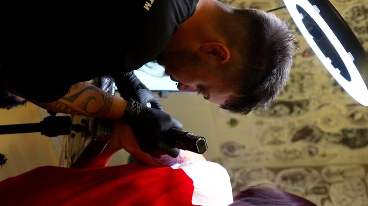 Tatuatore che realizza un disegno sul braccio di un cliente mentre discutono il processo sotto luci intense. Verticale.