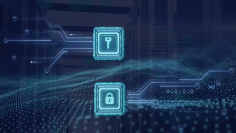 Animation of key and padlock icons, digital data processing over computer circuit board
