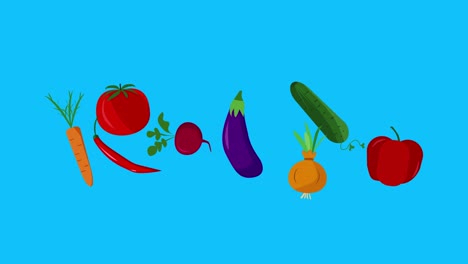 stop motion animation of cartoon flat vegetables blue screen chroma key