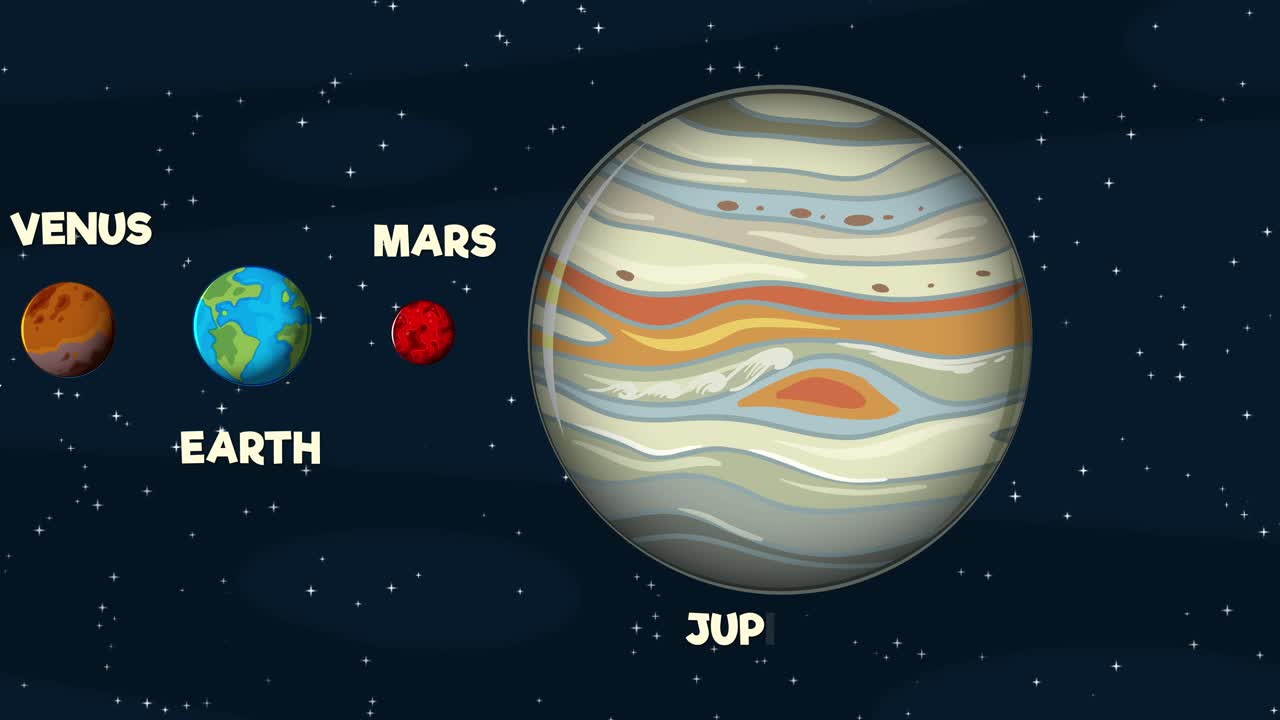 Planets orbit the sun in a colorful, educational animation showcasing the solar system's layout and celestial bodies