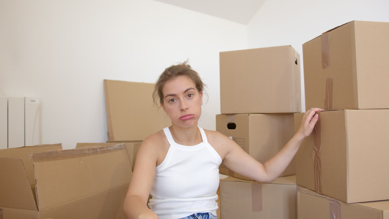 Tired Woman Taking A Break From Packing Up Her Belongings In Boxes - Close Up