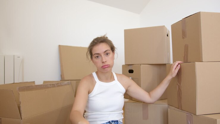 Tired Woman Taking A Break From Packing Up Her Belongings In Boxes - Close Up