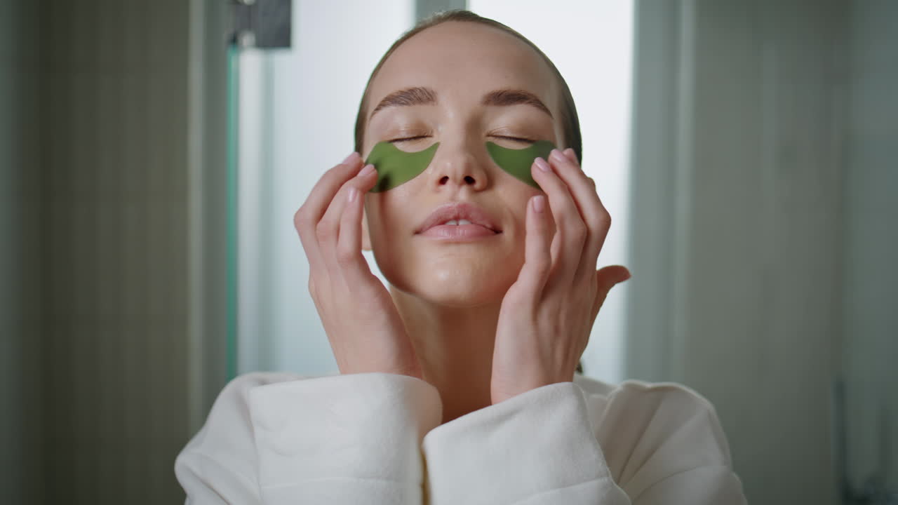 Woman using gel patches enjoying skincare routine closeup. Home beauty treatment