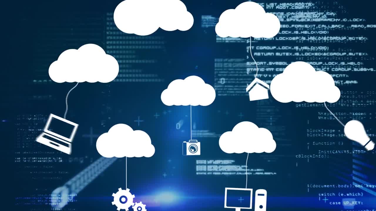 Animation of cloud icons and data processing over dark background