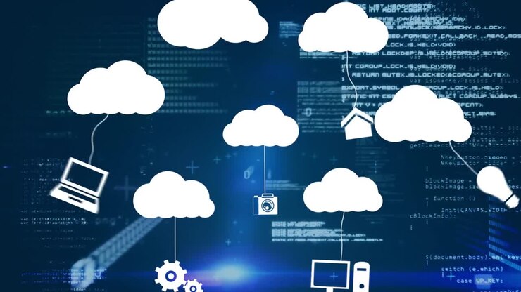 Animation of cloud icons and data processing over dark background