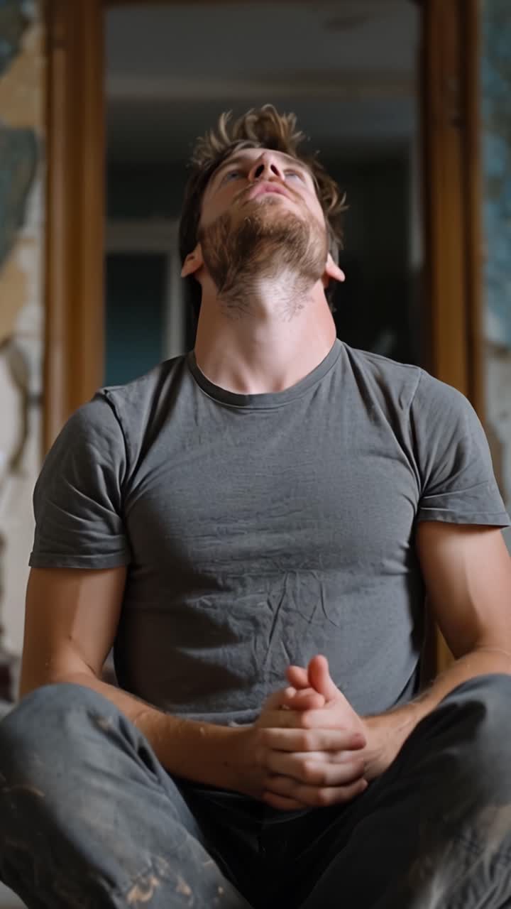 Contemplative Moments: A Man in Thought, Reflecting on Life's Choices Sitting Cross-Legged with Hands Clasped and a Serious Expression in a Quiet Space