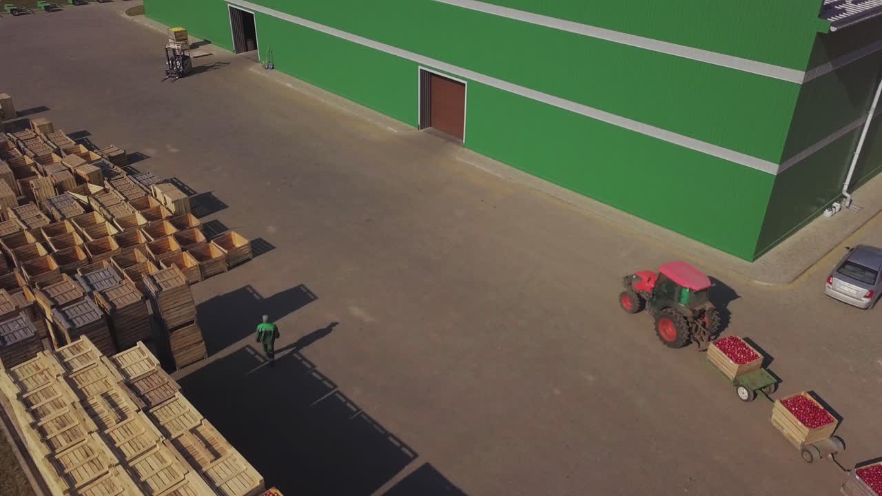 A small tractor is carrying a trailer with apples to the warehouse on the background of empty wooden boxes. Fruit processing plant.