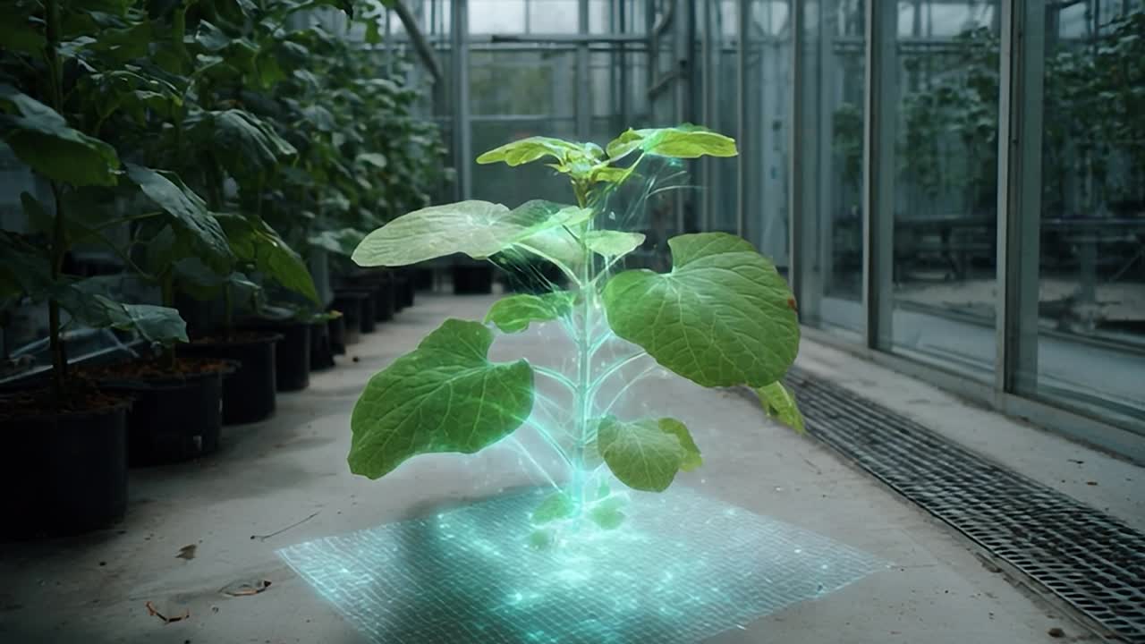 Rappresentazione olografica di una pianta in una serra moderna che mostra la tecnologia di crescita
