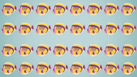 animation of rows of tropical fish with copy space on blue background