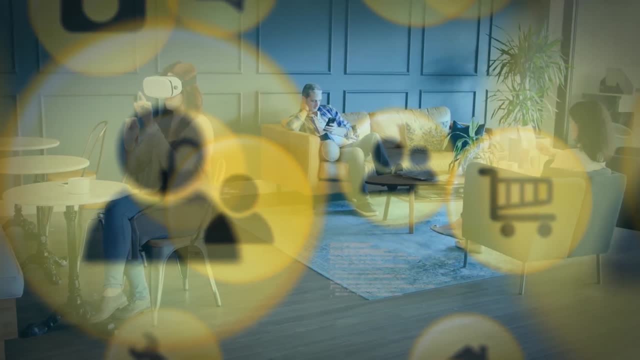 vr 헤드 ⁇ 을 착용 한 여성과 남자가 읽는 노란색 아이콘