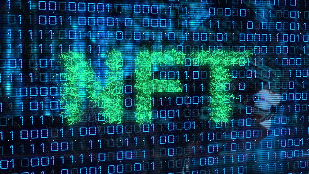 animación de procesamiento de datos y texto nft sobre hacker caucásico masculino usando portátil