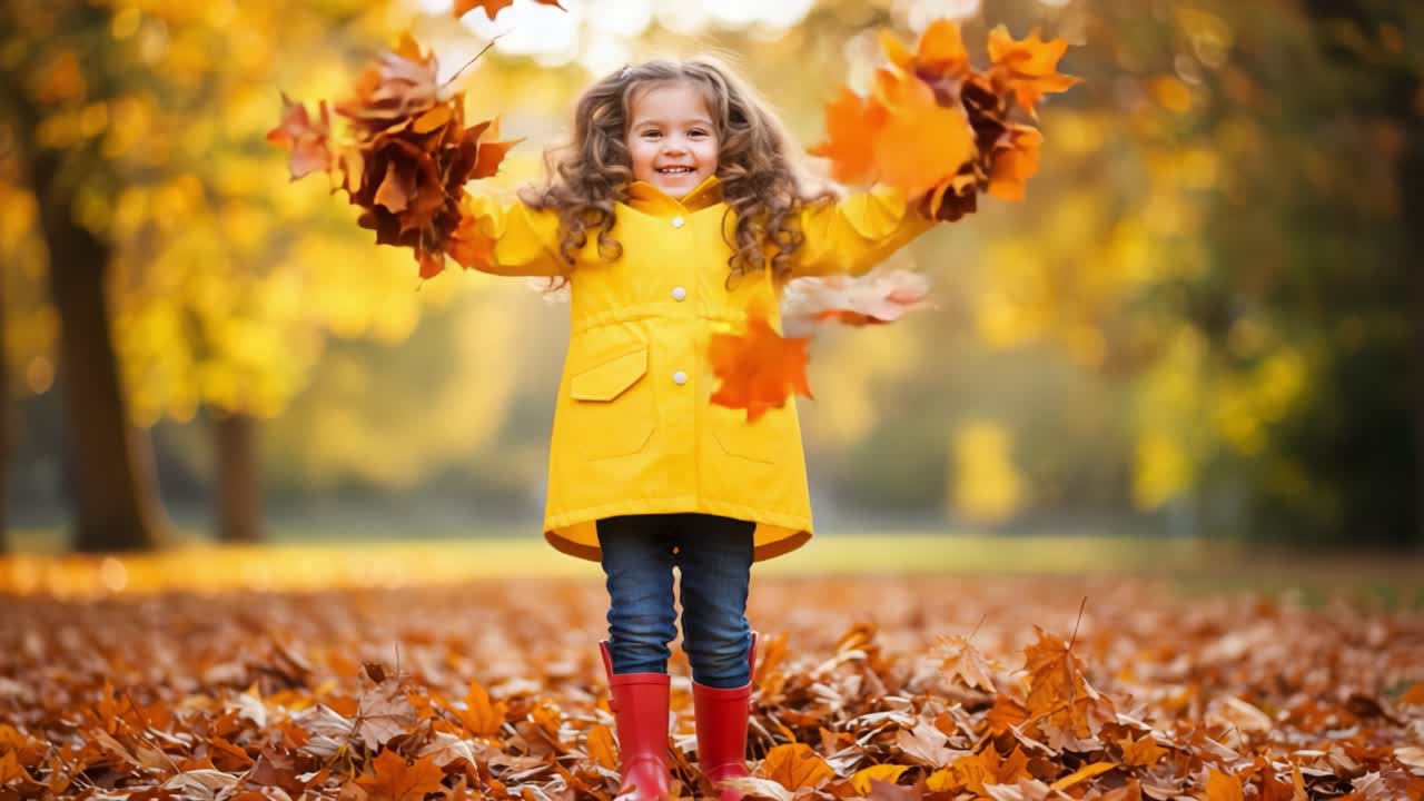 Joyful Child in Autumn: A Young Girl in a Bright Yellow Raincoat Holds ...