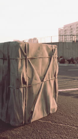 a close up of a wrapped cargo crate on a city street