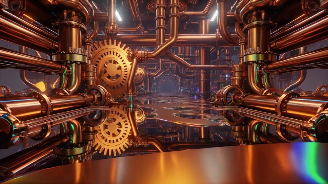 Interno industriale futuristico con tubi di rame e ingranaggi rotanti.