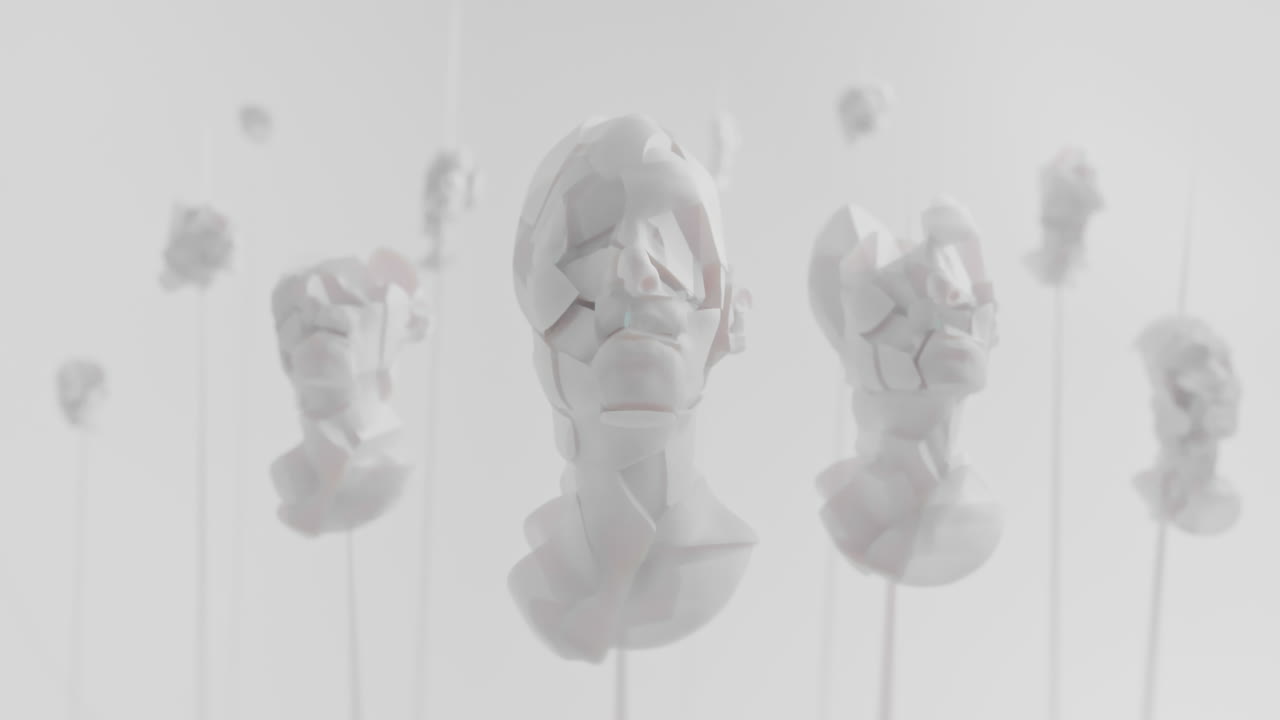 Multiple crushed android heads on spikes in white space