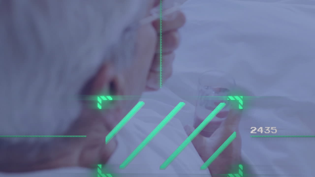 Drinking water, elderly person with futuristic data overlay in background