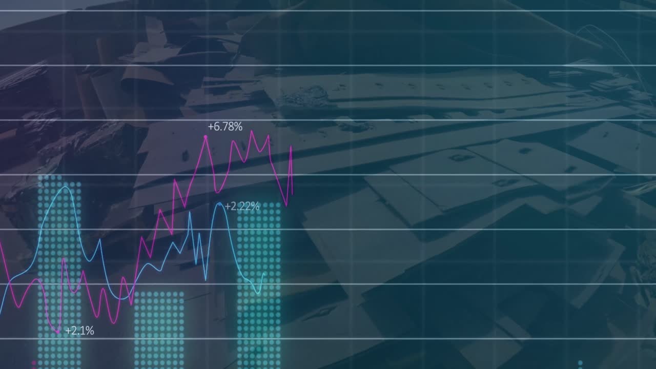 animación del procesamiento de datos financieros sobre el paisaje urbano