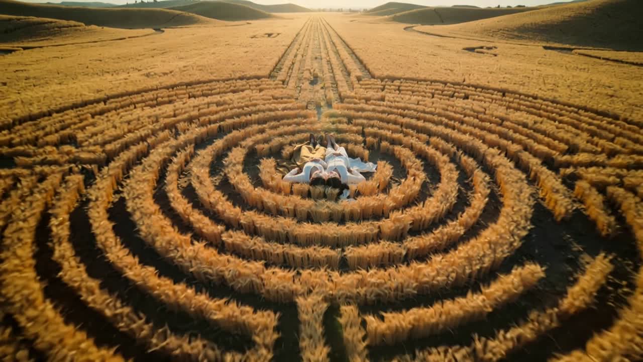 Donne sdraiate fianco a fianco che indossano una camicetta chiara e una gonna color cachi al centro del campo con cerchi nel raccolto.