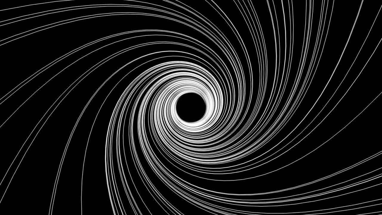 White swirling lines spiral into a black void creating a hypnotic abstract pattern