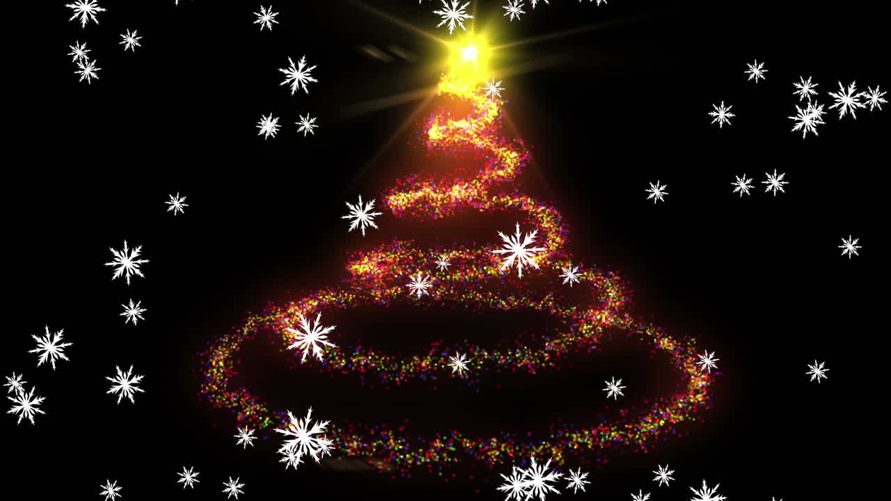 estrella dibujando la forma del árbol de navidad sobre la nieve cayendo sobre un fondo negro