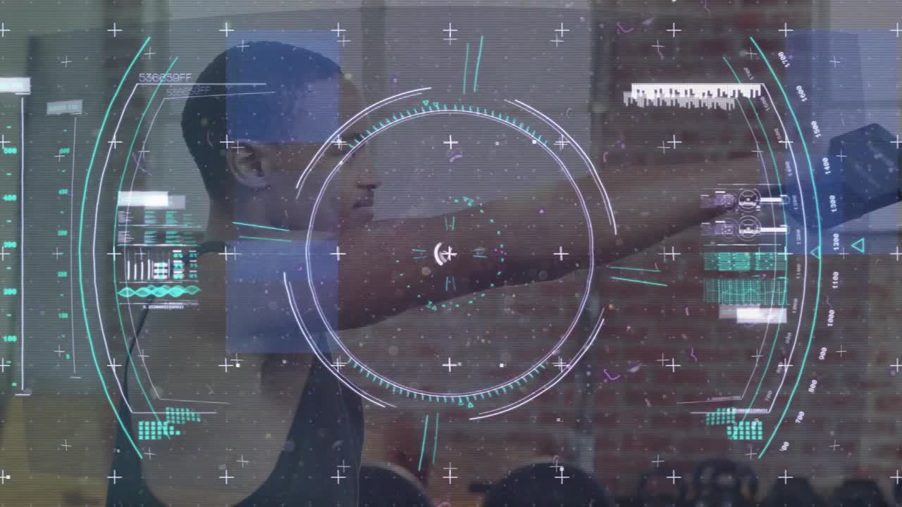 HUD appearing man doing dumbbell arm raises for training, animating rotating reticle tracking