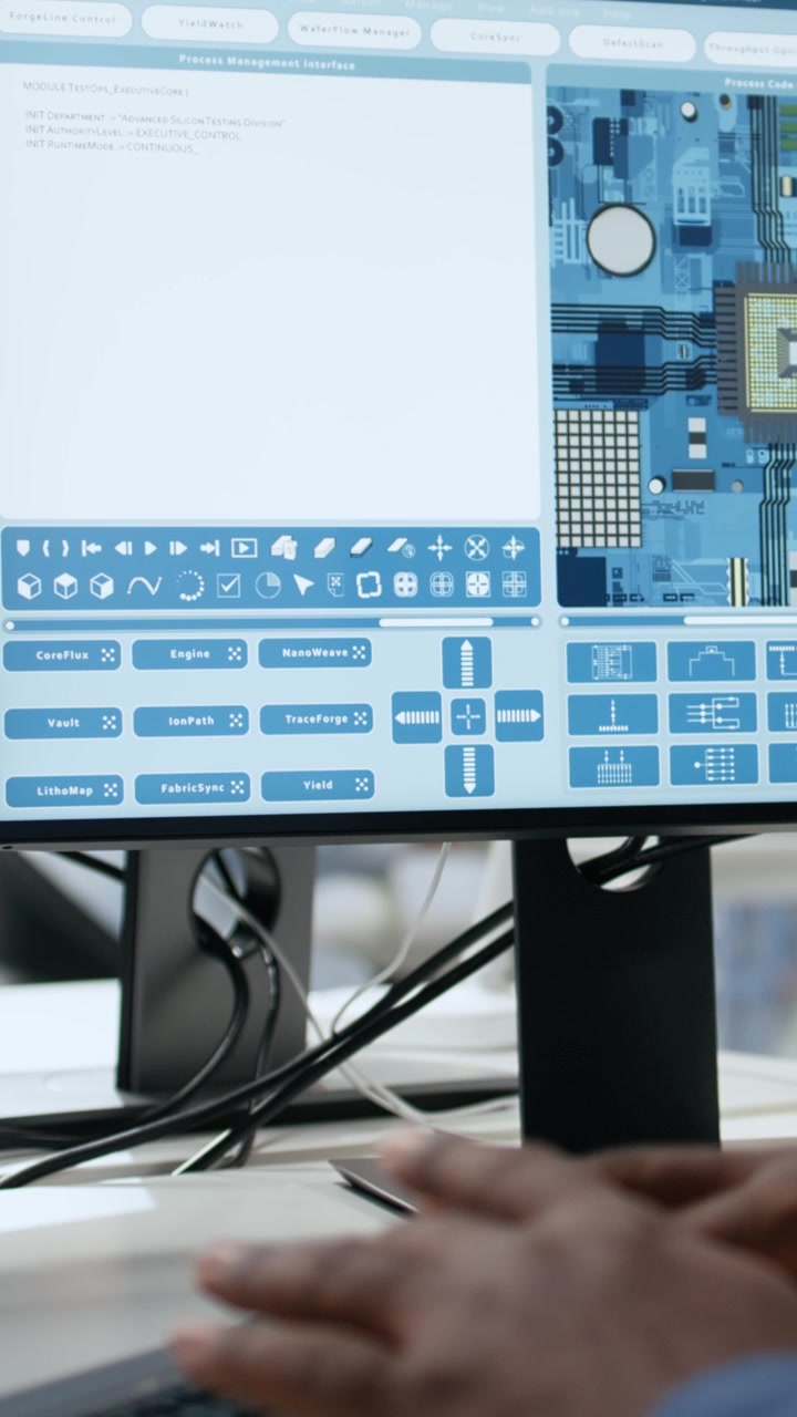 Vertical video Close up of technician in semiconductors factory office analyzing PCBs