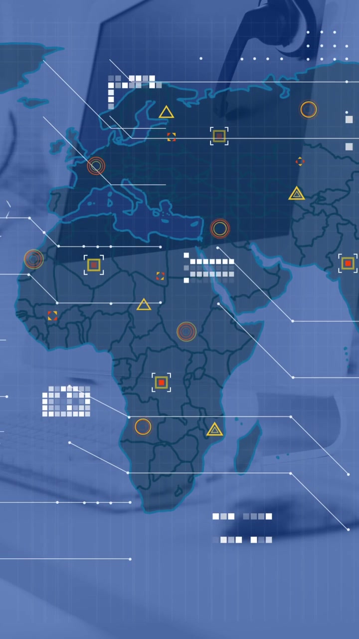 Animation of world map and data processing against office desk