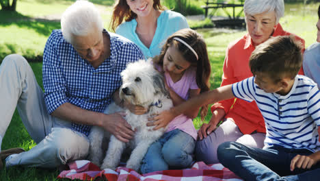 familia de varias generaciones jugando con su perro en el parque