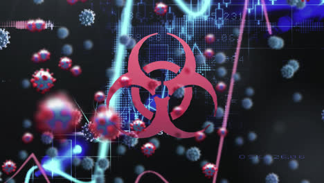 biohazard symbol and multiple covid-19 cells over financial data processing on black background