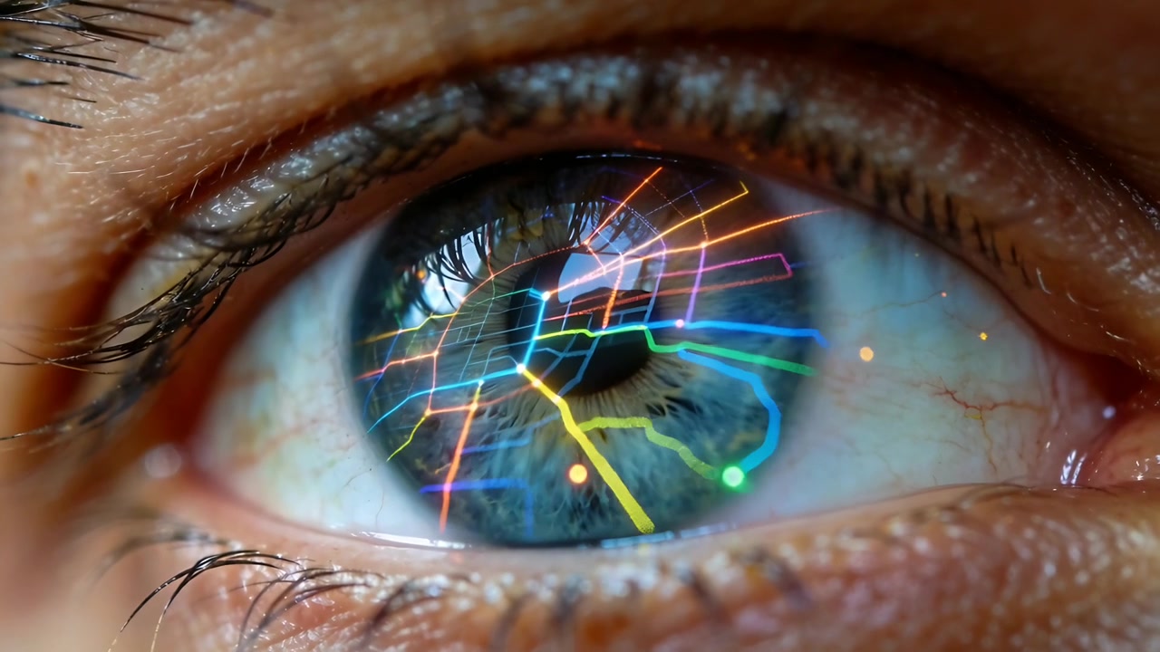 Network appearing, single eye reflecting neon lines at tight close-up, pupil constricting