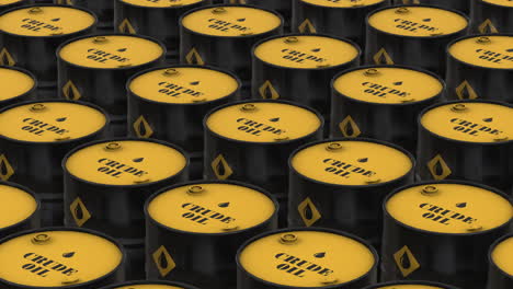 Crude-oil-barrels-stored-in-a-warehouse-and-camera-fly-over-drone-shot-concept---3D-Animation-Render-Crude-oil-supply-and-demand,-Rising-oil-prices,-Commodity-market-trading-concept-video