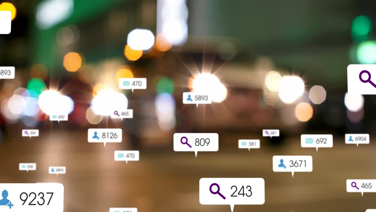 Animation of social media icons and numbers on banners over out of focus traffic in city